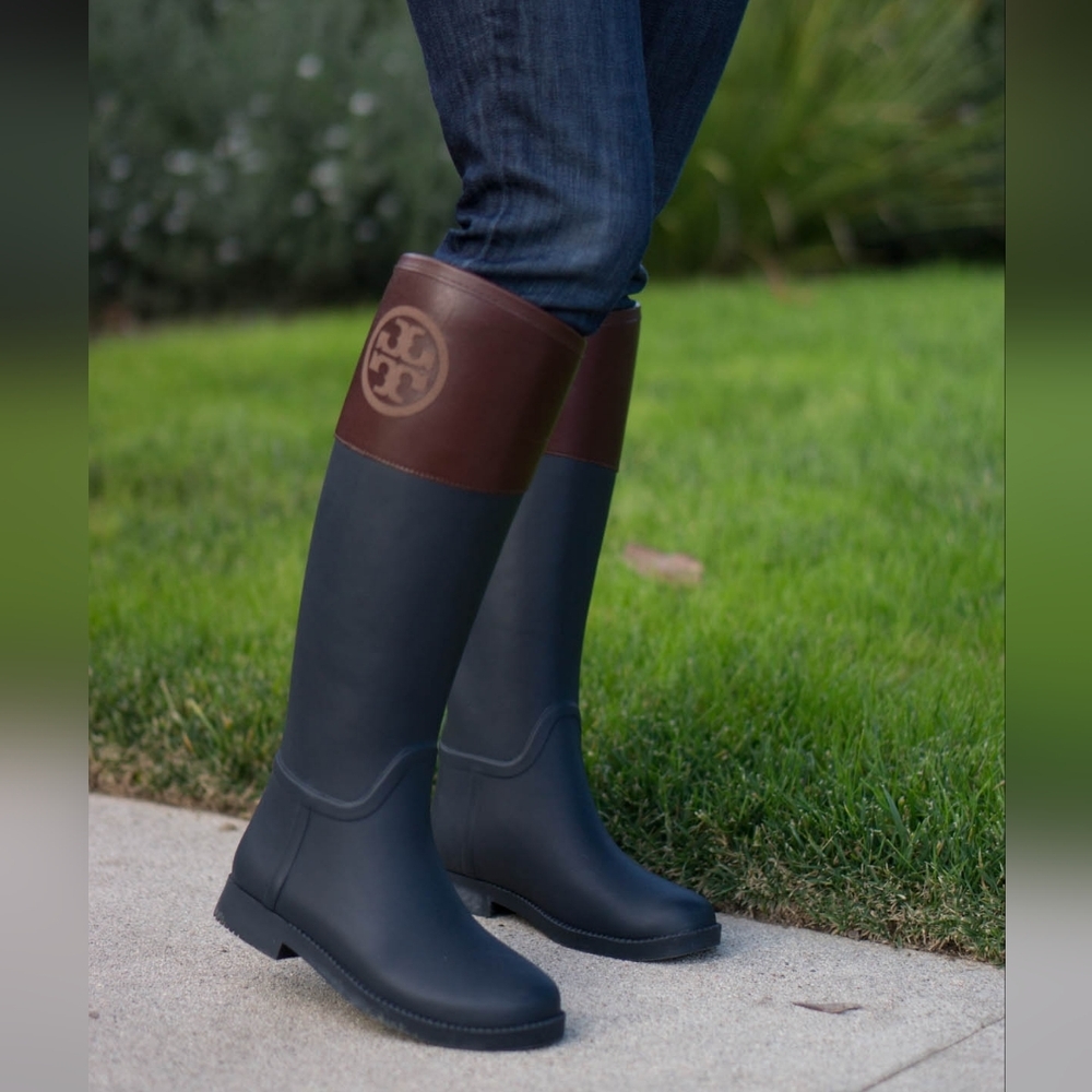 Tory Burch Neutral Black Brown Tall Classic Everyday Old Money Chic Rain Boots 7